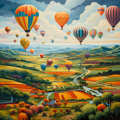 A cluster of hot air balloons over a patchwork of farmland