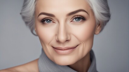 Fototapeta na wymiar Adult woman with smooth healthy face skin. Beautiful aging mature woman with gray hair.
