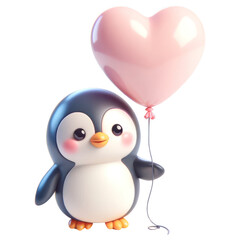 3D Penguin holding heart balloon on transparent background