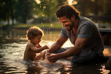 a father and a small baby playing together in water