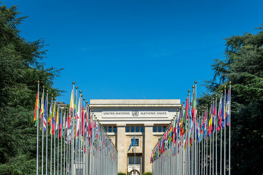 Ranges of flags at the UN (United Nations) office in the Palais des Nations in Geneva, Switzerland