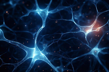 Neurons cells with glowing in human brain synapses Nervous system. Nerve cells background