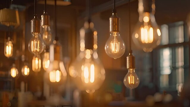 Retro decorative lightbulbs hanging. Vintage design 4k Close-up Of A Tungsten Light Bulb Sparkling with bokeh lights. Energy, Electricity, Innovation Concept. Modern stylish decorative lamps vintage b