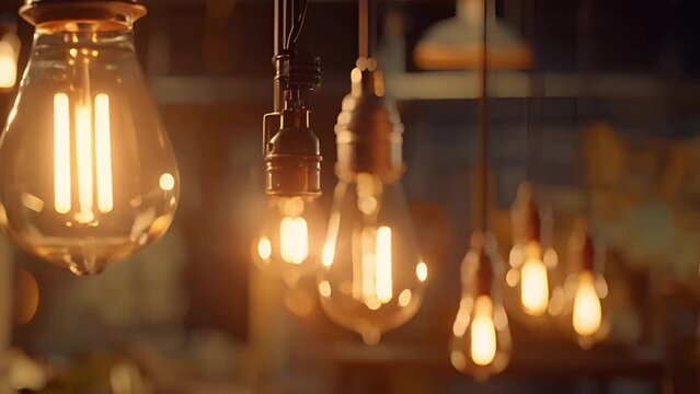 Retro decorative lightbulbs hanging. Vintage design 4k Close-up Of A Tungsten Light Bulb Sparkling with bokeh lights. Energy, Electricity, Innovation Concept. Modern stylish decorative lamps vintage b