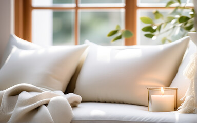 Fototapeta na wymiar Soft pillows on the sofa by the window, blankets, candles create a comfortable, warm and peaceful atmosphere. Cozy winter background in warm light tones