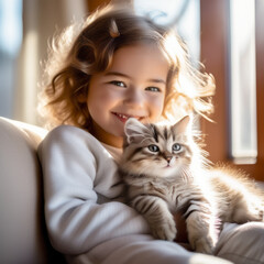 Child Young blonde girl hugs cute playing kittens girl's smile and pets On a comfortable sofa, by the window, in a comfortable, warm and quiet room. Cozy winter background in warm light tones