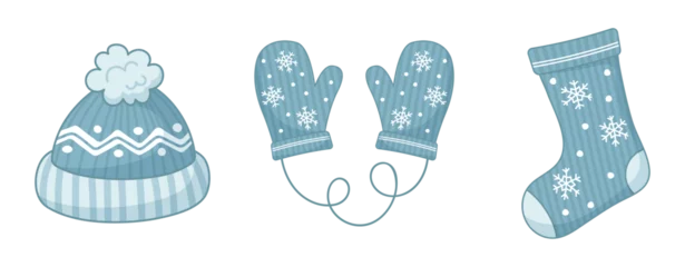 Poster Winter blue accessories set. Beanie, mittens and socks. Vector on transparent background. © Li Artis