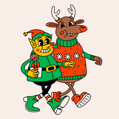 Obraz na płótnie Canvas Retro cartoon Christmas deer and Elf. Groovy vintage 70s funny reindeer and Elf characters walking arm in arm