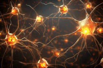 Neurons cells with glowing in human brain synapses Nervous system. Nerve cells background