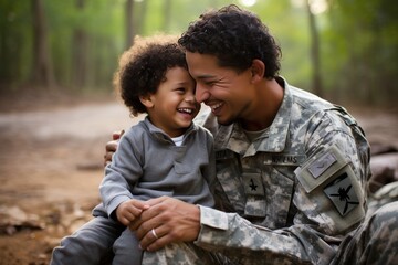 Touching and heartwarming military reunion between a devoted father and his beloved son in uniforms - obrazy, fototapety, plakaty