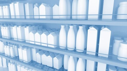 Shelves with products in a grocery store. Shopping in supermarket. Shelves and showcases in the trading floor of the supermarket. Blue stylization. Camera movement along. 3d animation