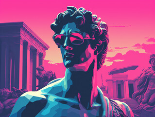 Greek god sculpture in retrowave city pop design, vaporwave style colors - obrazy, fototapety, plakaty
