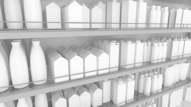 Shelves with products in a grocery store. Shopping in supermarket. Shelves and showcases in the trading floor of the supermarket. Camera movement along. 3d animation