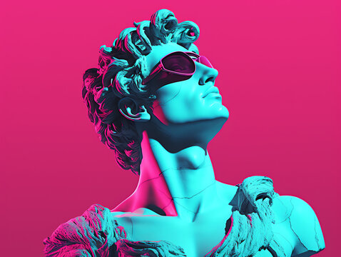 Greek god sculpture in retrowave city pop design, vaporwave style colors