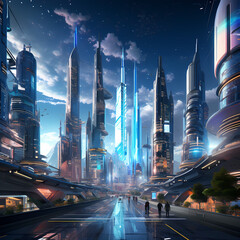 Fototapeta na wymiar A futuristic city with holographic skyscrapers.