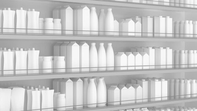 Shelves with products in a grocery store. Shopping in supermarket. Shelves and showcases in the trading floor of the supermarket. Camera movement along to the top. 3d animation