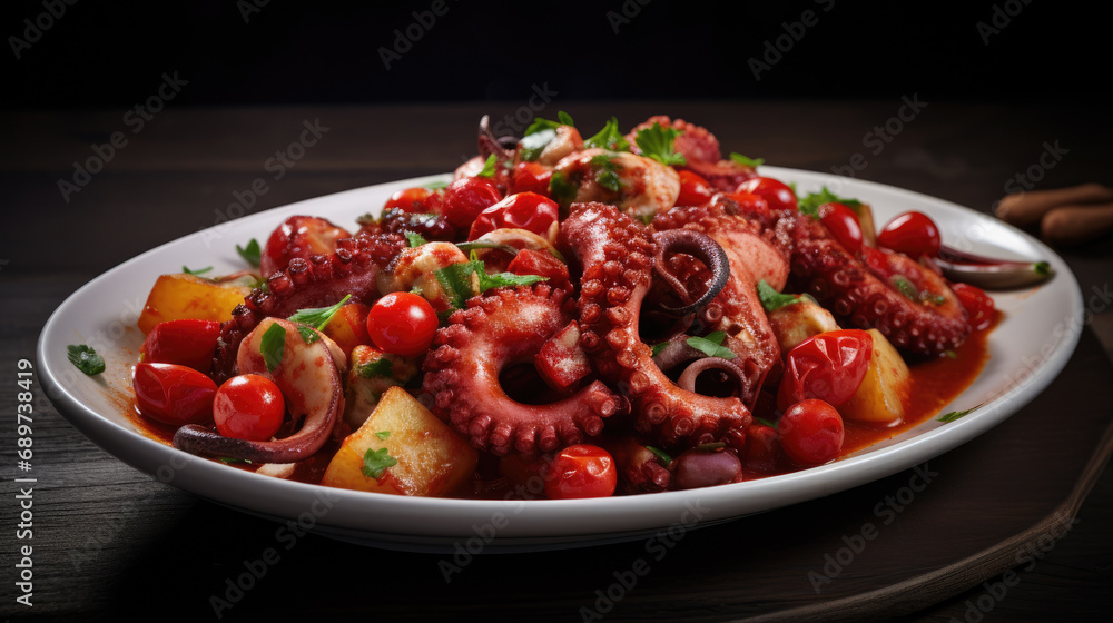 Sticker Warm grilled octopus salad with stir fried vegetables and sauce on big plate