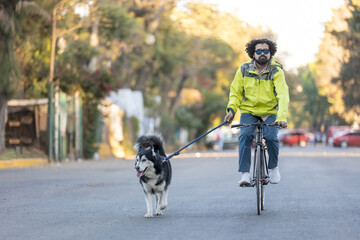 Young Mexican man with beard, curly hair and sunglasses walking his dog while riding a bicycle