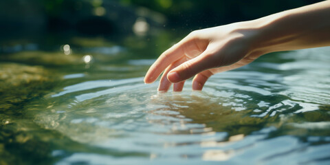 A hand touching the surface of pure green water of the river in nature on a sunny day, symbolic and ecological gesture for conservation of natural resources and preservation of the environment