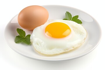 Tempting fried egg with golden yolk on white plate, isolated on clean white background