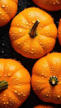 Wet Orange Pumpkins on Dark Background, Elevated View