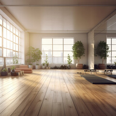 Fototapeta premium Sunny Yoga Studio with Wooden Flooring and Fitness Equipment