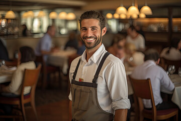 Fototapeta premium attractive bartender serving drinks in a pub, sports bar, restaurant, taking care of its customers; happy, smiling, good-looking alcohol server, waiter, waitress