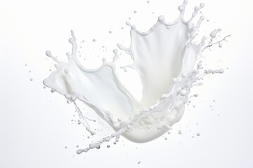 High speed capture of a milk splash suspended in mid air, isolated on white background - obrazy, fototapety, plakaty