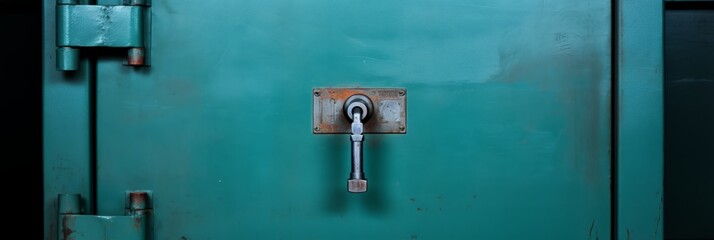 Front view of closed door of old security safe box, bank vault door for background or wallpaper
