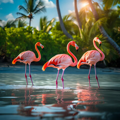 A group of flamingos wading in a tropical lagoon.