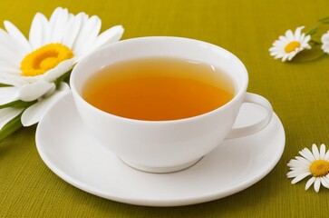 Herbal chamomile tea and chamomile flowers near teapot and tea glass. Healthy herbal drinks and natural healer concept.