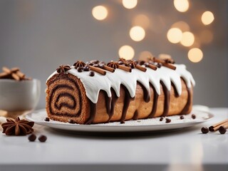 Yule Log cake, white stone background with lights and decorative

