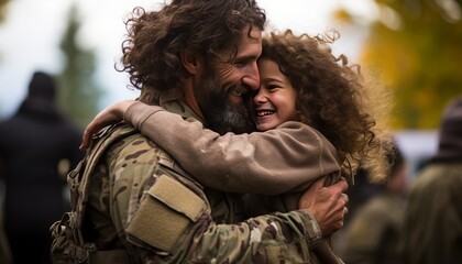 Touching military reunion loving father and daughter share a heartwarming and affectionate embrace