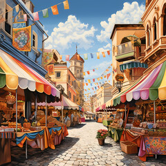 A lively street market with colorful awnings