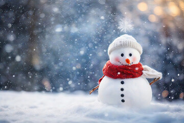 funny snowman with wool hat and scarf in winter secenery with copy space. Winter holiday christmas background banner