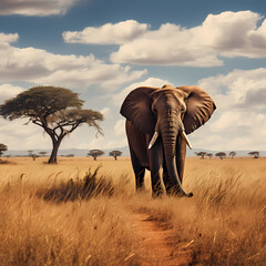 Fototapeta na wymiar A lone elephant roaming in the vastness of an African savannah