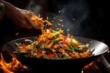 Photo of a chef's hands tossing stir-fry in a wok. Generative AI - obrazy, fototapety, plakaty