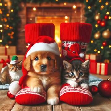 dog and cat and kitens wearing a santa hat, Christmas dog and cat