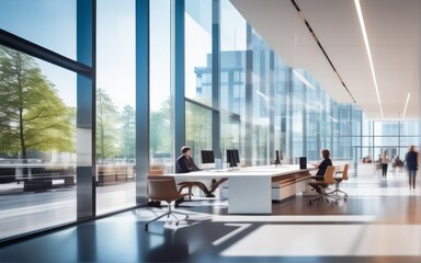 The business workplace with people in the walking move, be active in blurred motion in interior modern office space. blur office background bright tone