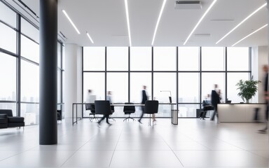 Fototapeta na wymiar The business workplace with people in the walking move, be active in blurred motion in interior modern office space. blur office background bright tone