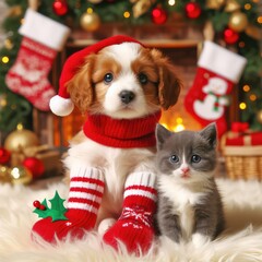dog and cat and kitens wearing a santa hat, Christmas dog and cat