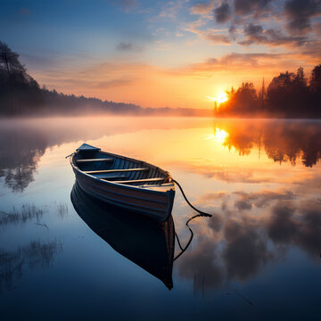 A lone rowboat on a calm river at sunrise.