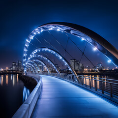 A modern bridge illuminated by city lights.