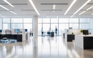 The business workplace with people in the walking move, be active in blurred motion in interior modern office space. blur office background bright tone