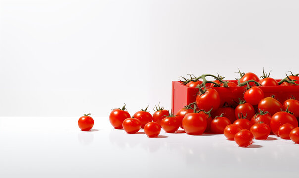 The Carton is in the middle of the frame, and the ground around it is littered with tomatoes, studio photography, white background, minimalist