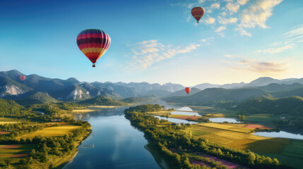 Majestic Hot Air Balloons Soaring Over Scenic River Landscape
