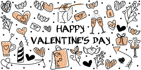 Colorful Valentines Day set in doodle style with text. Peach fuzz. Editable stroke. Cute vector hand drawn illustration done in black and white colors. Isolated on white background