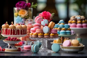 Photo of a mouthwatering assortment of colorful macarons on a dessert table. Generative AI