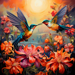 A pair of hummingbirds hovering around vibrant flowers
