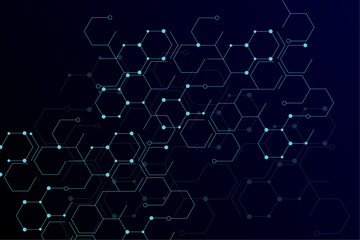 Hexagon geometric chemical pattern design on dark blue background,Connected hexagons Technology,medical  background